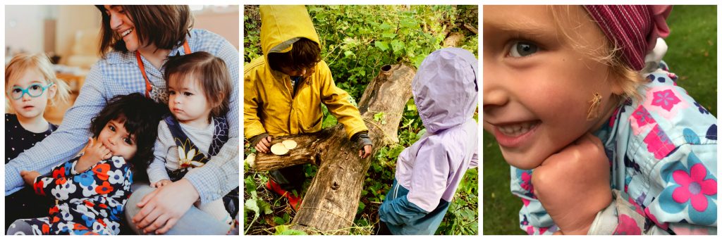 Early Childhood students at play, snuggling with their teacher, exploring the woods, and another student giggles after a moth lands on her cheek!