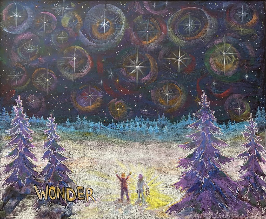 Chalkboard drawing by Mr. Kane of two children standing in a snowy forest, pointing up at the beautiful stars sparkling above