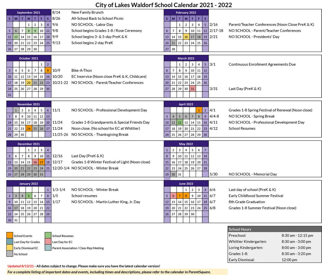 City of Lakes Waldorf School Calendar Key Dates Events