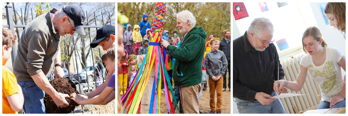 Mr. Kane working with the students, and at the May Day Festival